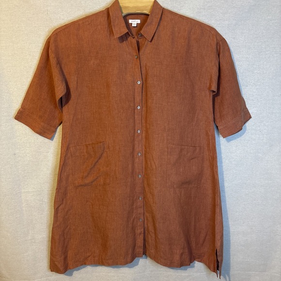 Pure J‎ Jill Linen Patch Pocket 3/4 Sleeve Shirt Dress Sz Petite Large Rust Boho - Picture 1 of 7